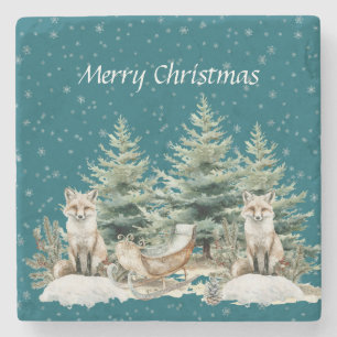 Fox Christmas Tree Sleigh Snowflakes Stone Coaster