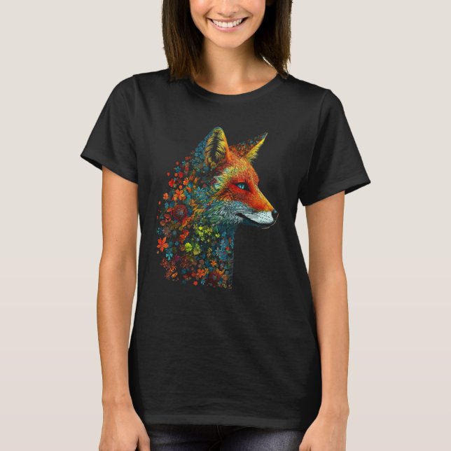 Fox Colourful Flowers  Blue Eyes Animal Fox T-Shirt (Front)