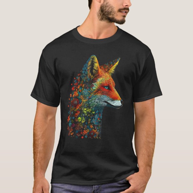 Fox Colourful Flowers  Blue Eyes Animal Fox T-Shirt (Front)