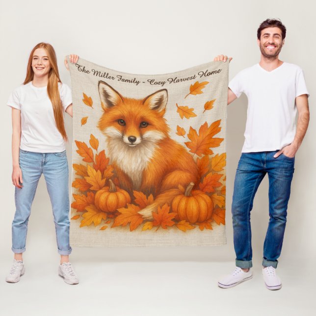 fox - cosy harvest home & family name script fleece blanket (In Situ)