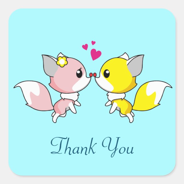 Fox Couple Kissing Thank You Square Sticker (Front)