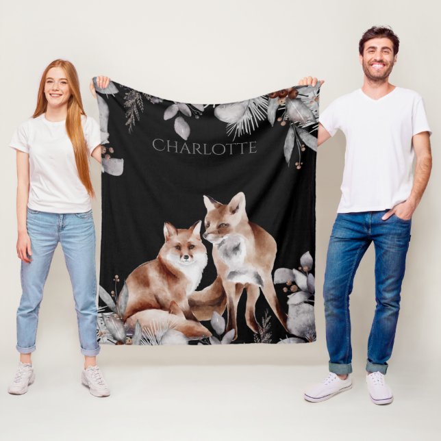 Fox Couple Winter Foliage Christmas Personalised Fleece Blanket (In Situ)