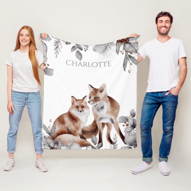 Fox Couple Winter Foliage Christmas Personalised Fleece Blanket (In Situ)