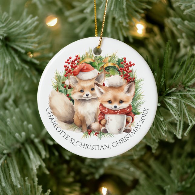 Fox Couple Winter Wreath Christmas Personalised Ceramic Tree Decoration (Tree)