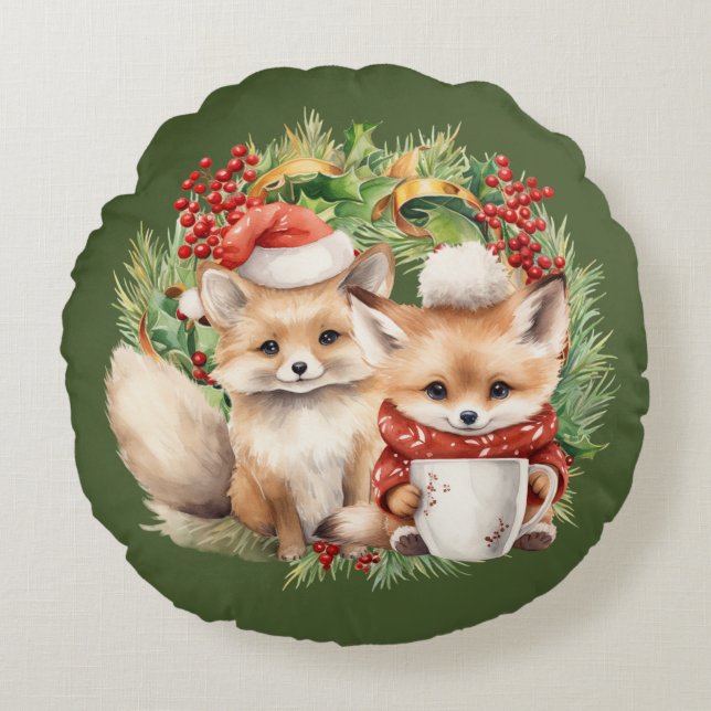 Fox Couple Winter Wreath Christmas Round Cushion (Front)