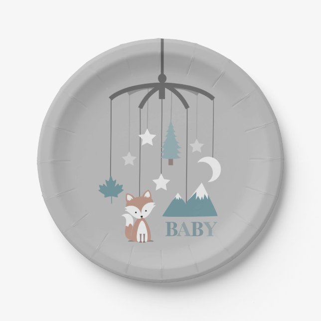 Fox Crib Mobile Modern Blue Baby Shower Paper Plate (Front)
