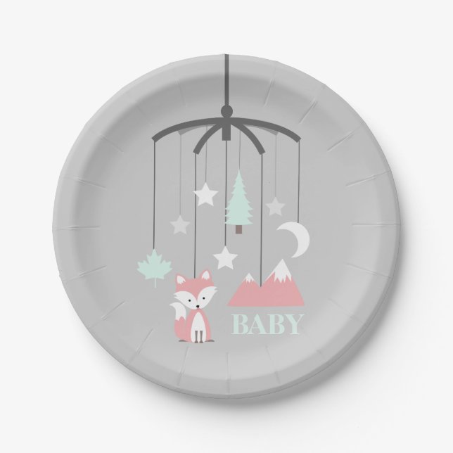 Fox Crib Mobile Modern Pink Baby Shower Paper Plate (Front)