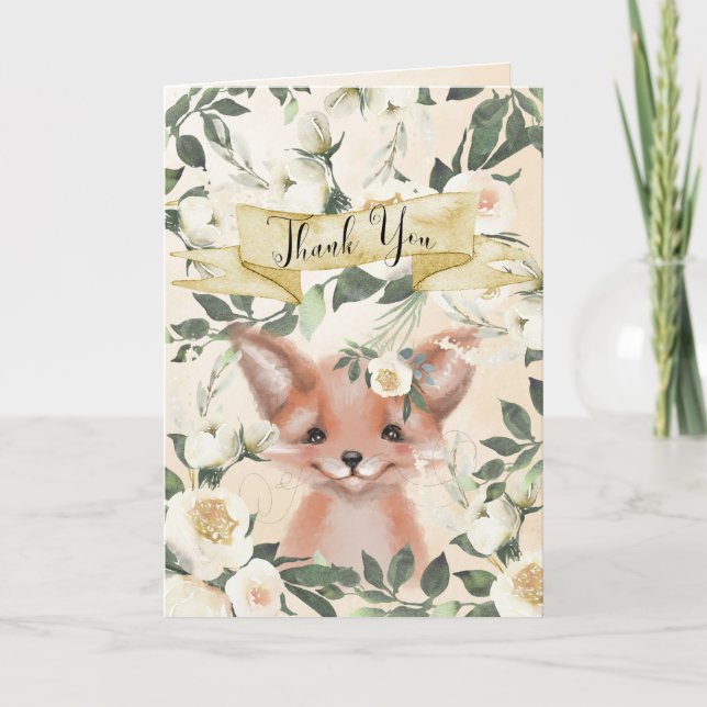 Fox cub cute floral baby shower thank you card (Front)
