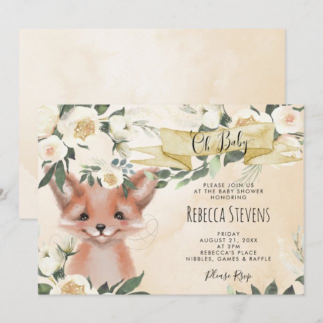 Fox cub floral neutral baby shower invitation (Front/Back)
