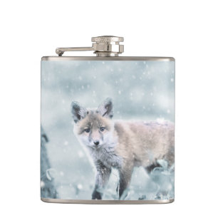 Fox Cub in the Snow Hip Flask