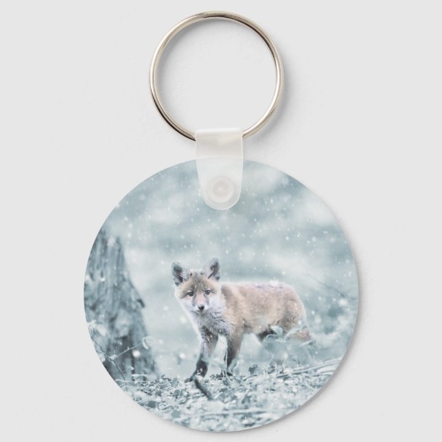 Fox Cub in the Snow Key Ring (Front)