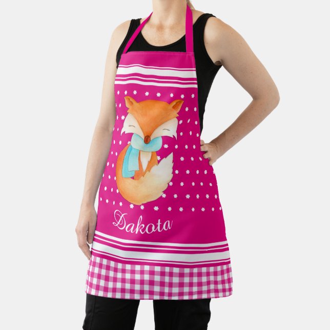 Fox cub with scarf art name pink white apron (Insitu)