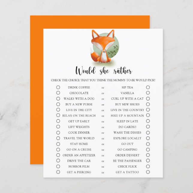 Fox cub / Would She Rather Baby Shower Game (Front/Back)