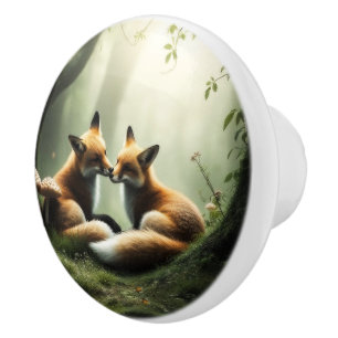 Fox Cuddle in Misty Forest  Ceramic Knob
