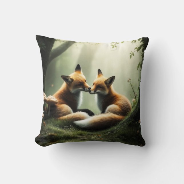 Fox Cuddle in Misty Forest  Cushion (Front)