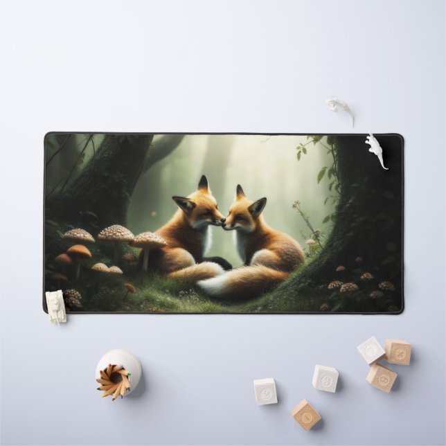 Fox Cuddle in Misty Forest  Desk Mat (Kids Table)