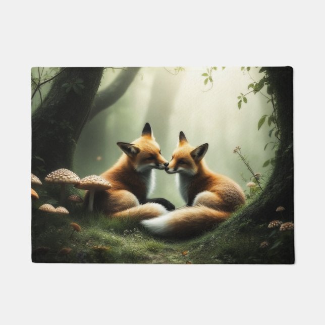 Fox Cuddle in Misty Forest  Doormat (Front)