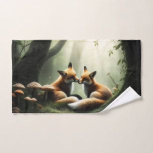 Fox Cuddle in Misty Forest  Hand Towel