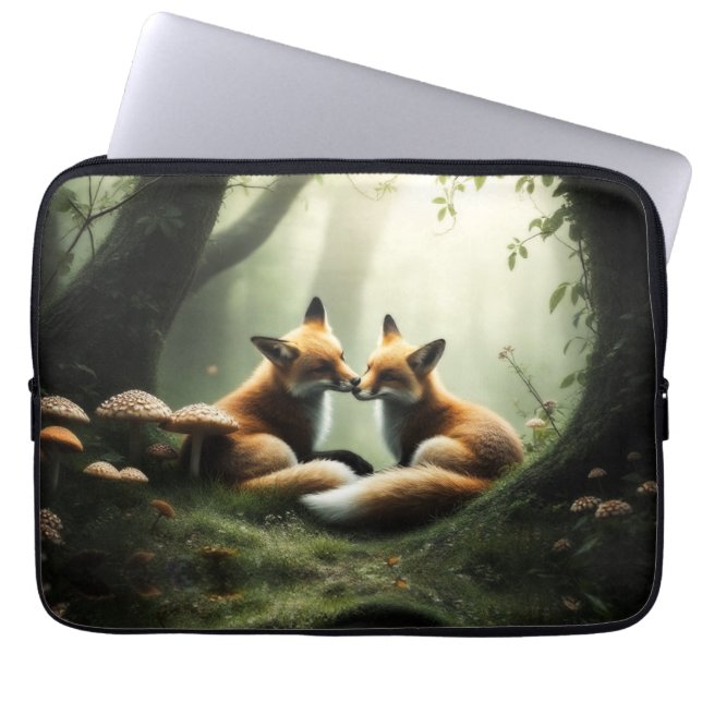 Fox Cuddle in Misty Forest  Laptop Sleeve (Front)