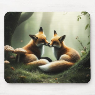 Fox Cuddle in Misty Forest  Mouse Mat