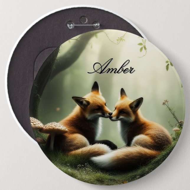 Fox Cuddle in Misty Forest Personalised  6 Cm Round Badge (Front & Back)