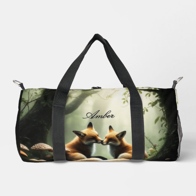Fox Cuddle in Misty Forest Personalised  Duffle Bag (Front)