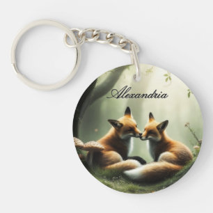 Fox Cuddle in Misty Forest Personalised  Key Ring