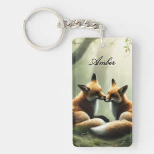 Fox Cuddle in Misty Forest Personalised  Key Ring