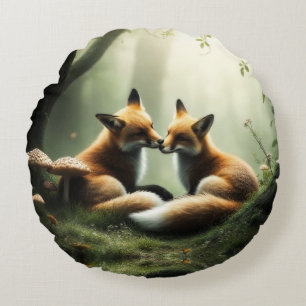 Fox Cuddle in Misty Forest  Round Cushion