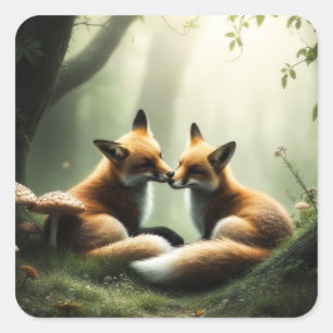 Fox Cuddle in Misty Forest  Square Sticker