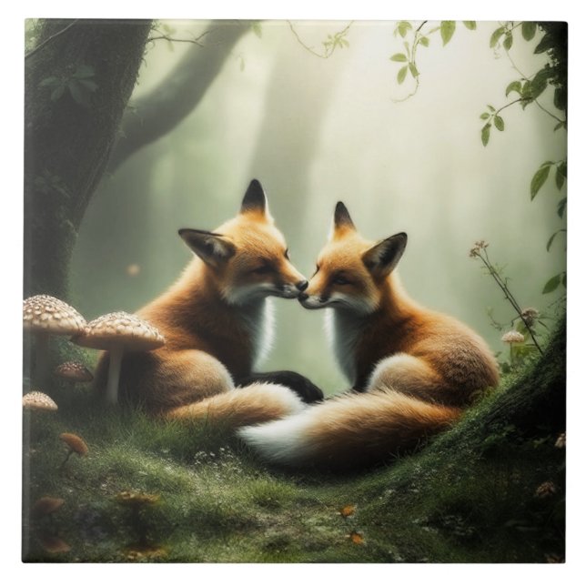 Fox Cuddle in Misty Forest  Tile (Front)