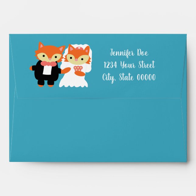 Fox Cute Blue Wedding Personalise Return Address Envelope (Back (Top Flap))