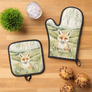 Fox Daisy Flowers Oven Mitt & Pot Holder Set
