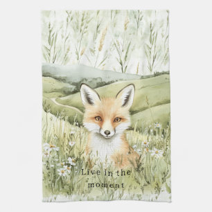 Fox Daisy Flowers Tea Towel
