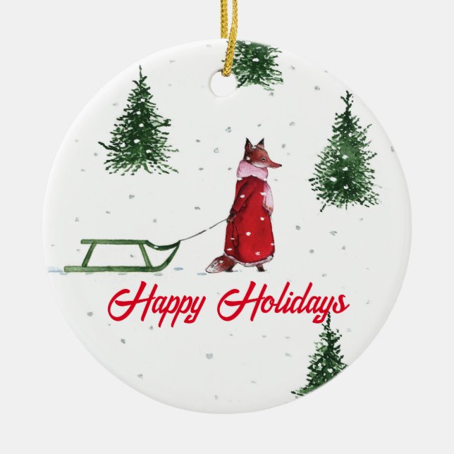 Fox dashing through the snow winter illustration  ceramic tree decoration (Front)