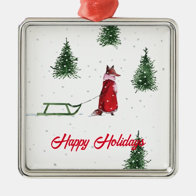 Fox dashing through the snow winter illustration  metal tree decoration (Front)
