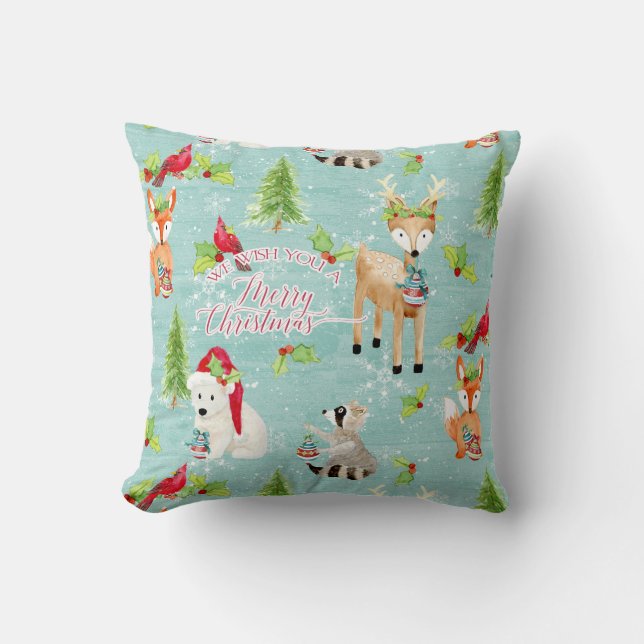 Fox Deer Bear Bird Nordic Merry Christmas Wood Art Cushion (Front)