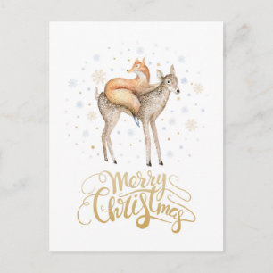 Fox Deer Winter Snow Merry Christmas Holiday Postcard