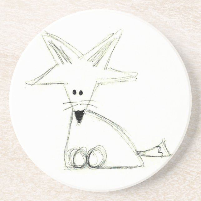 fox doodle black white grey simple kids drawing coaster (Front)