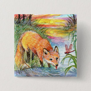 Fox Drinking by Riverside 15 Cm Square Badge