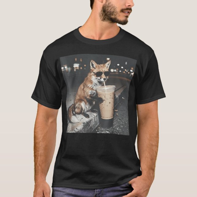 Fox Drinking Iced Coffee Funny Animal T-Shirt (Front)