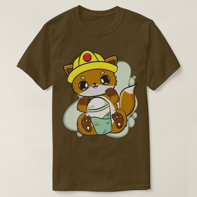 Fox Drinks Boba Bubble Tea For Construction Worker T-Shirt (Design Front)