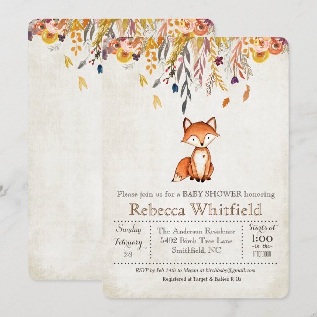 Fox Fall Leaves Pumpkin Baby Shower Invitation (Front/Back)
