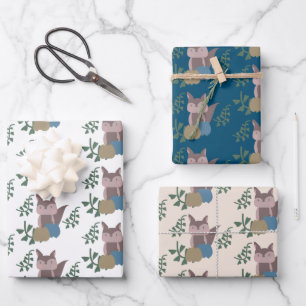 Fox Fall Pumpkins Blue Beige Boho Wrapping Paper Sheet