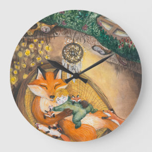 Fox Family Afternoon Nap, Watercolor Meadow. Large Clock