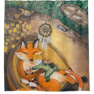 Fox Family Afternoon Nap, Watercolor Meadow. Shower Curtain