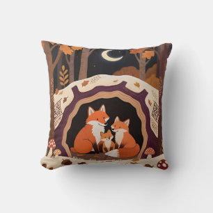Fox Family Autumn Forest Den Cushion
