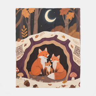 Fox Family Autumn Forest Den Fleece Blanket