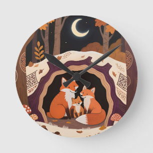 Fox Family Autumn Forest Den Round Clock