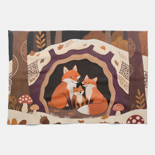 Fox Family Autumn Forest Den Tea Towel